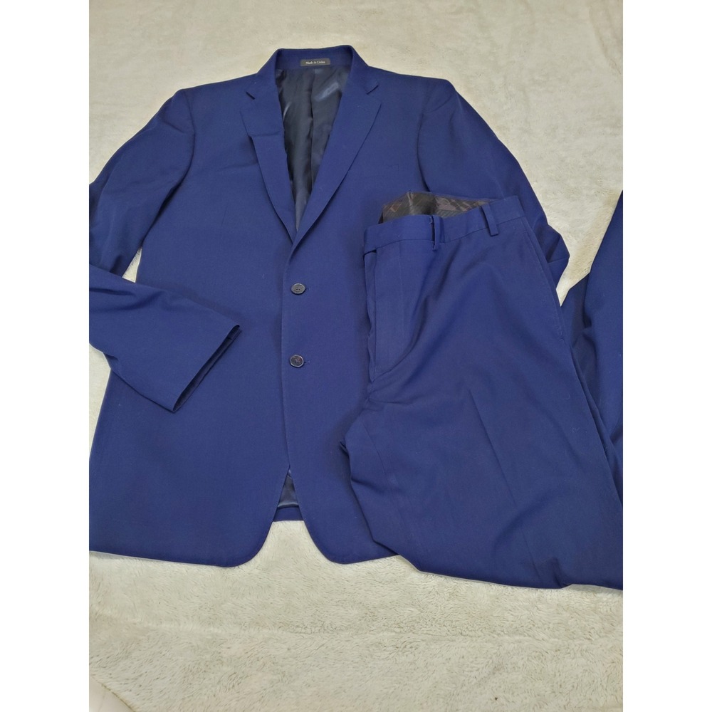 Calvin Klein Blue Office Suit Jacket Blazer 42L Pant 37x32 Classic Work Formal